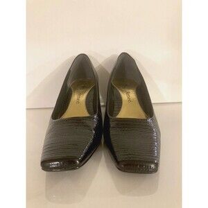 J. Reneé Black Lizard Embossed Pumps Square Toe Gold Heel Detail Shoes Size 8
